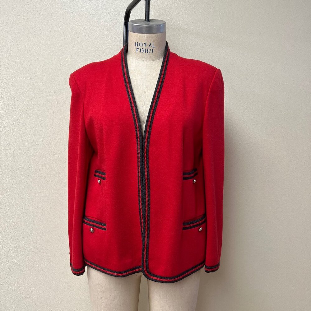 EUC Vintage 80s Bleyle Virgin Wool Color Block Open Front Cardigan Jacket Red 14